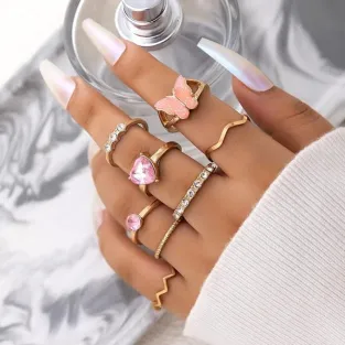 Shiny Pink Butterfly Knuckle Ring Set (8 pcs)